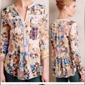 ANTHROPOLOGIE | Maeve Roll Tab Sleeve 100%Cotton Embroidered Top Blouse Sz 6